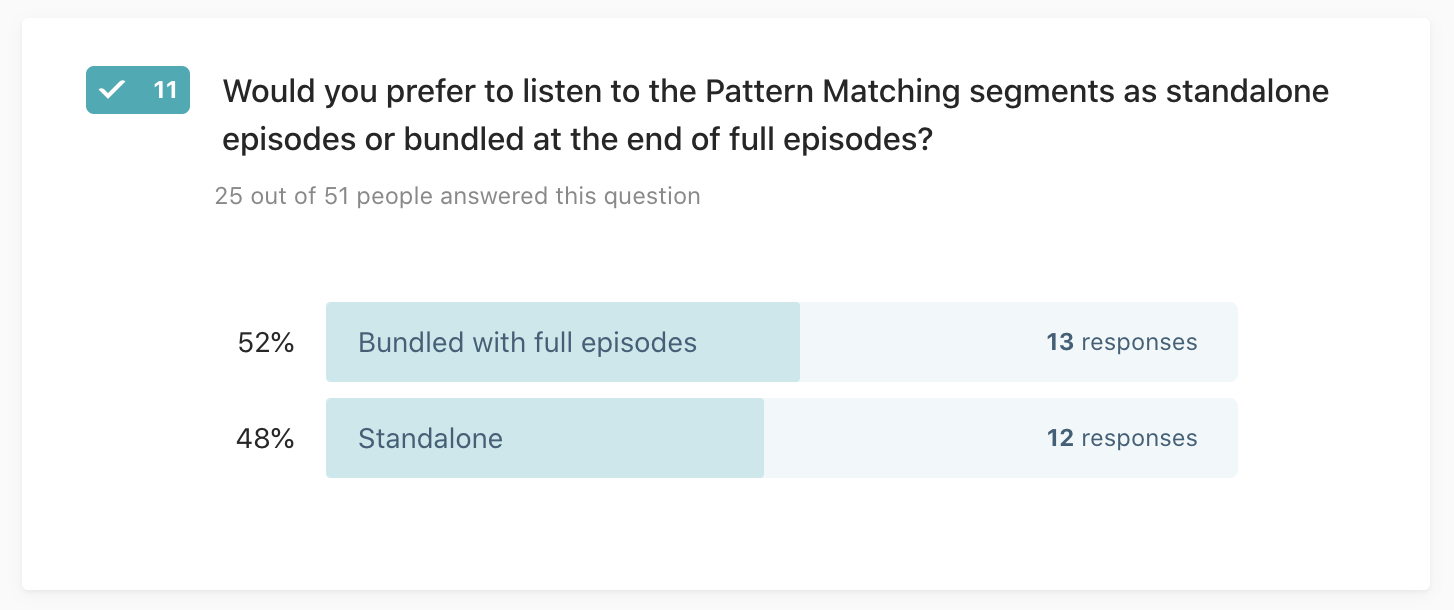 Image of survey question and responses. Q: "Would you prefer to listen to the Pattern Matching segments as standalone episodes or bundled at the end of full episodes?" A: 52% Bundled with full episodes, 48% Standalone