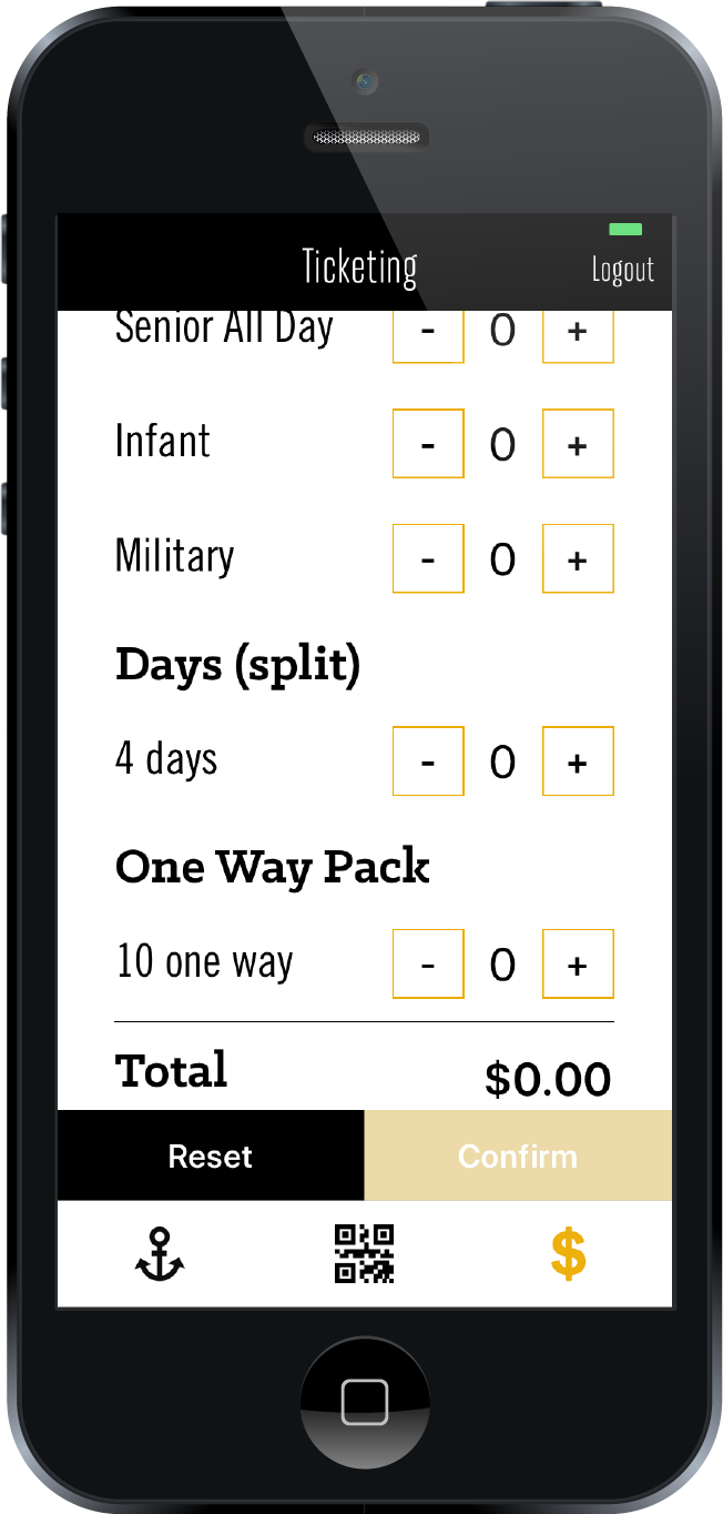 Users can select various ticket types (Infant, Senior, Military, etc.) when purchasing ticket