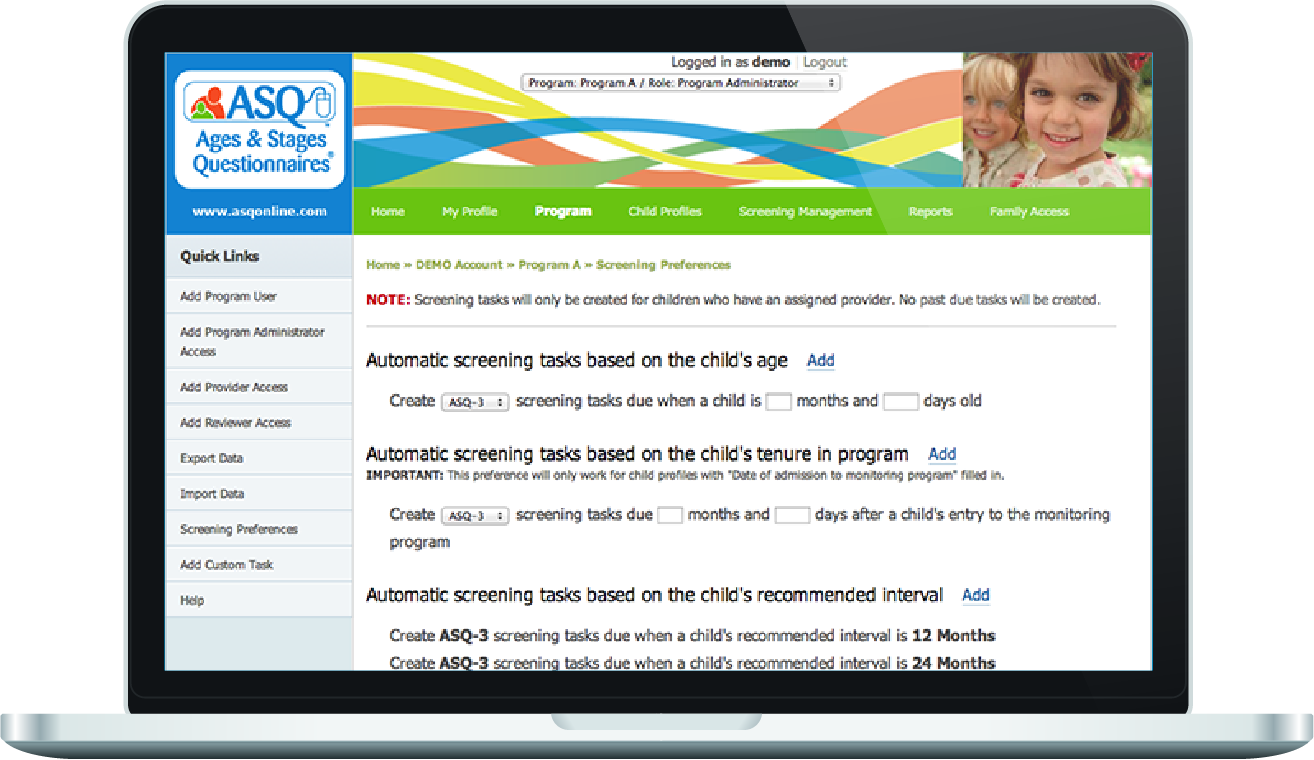 ASQ Online Screenshot of screening task creation management