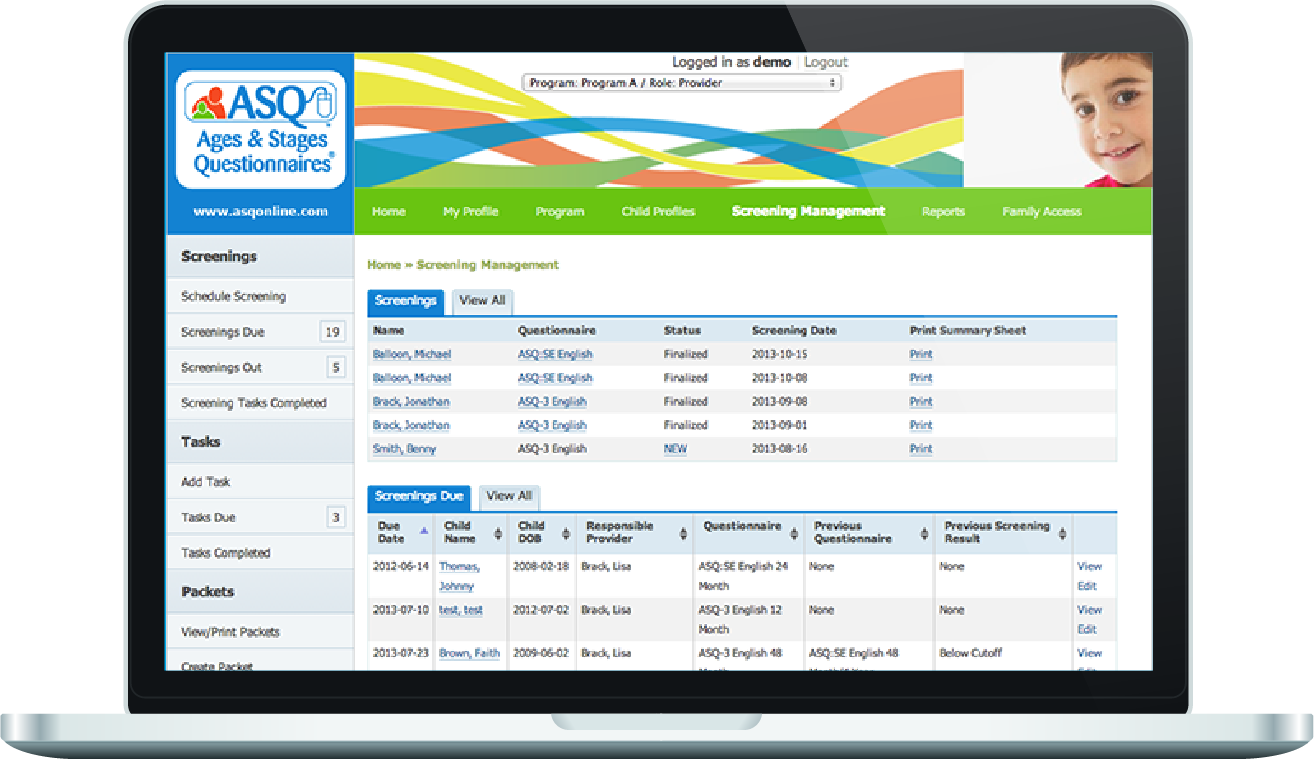 ASQ Online Screenshot of screening management features