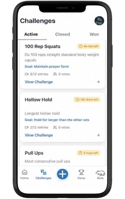 GymRatX mobile app challenges screen