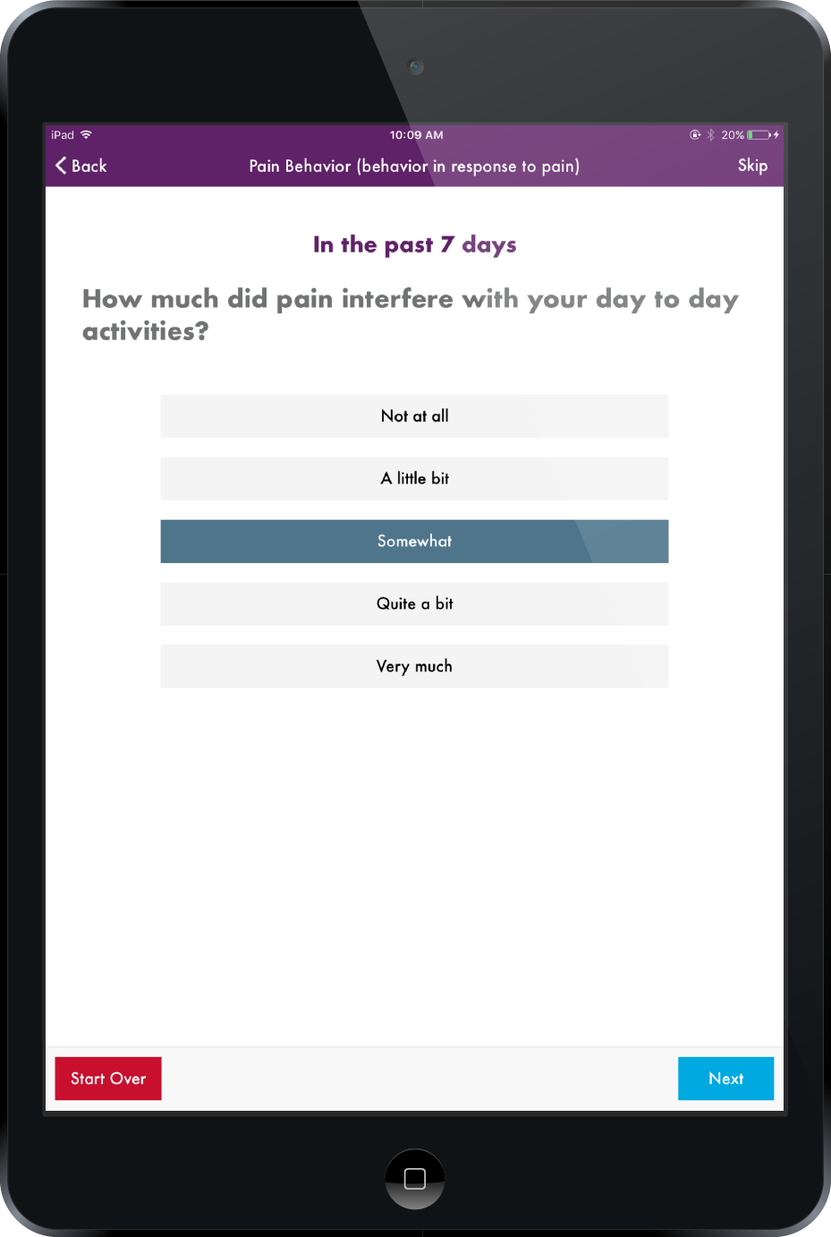 NCQA App screenshot: Following a patient-completed PROM, the clinician then views a patient’s results and answers several follow-up questions.