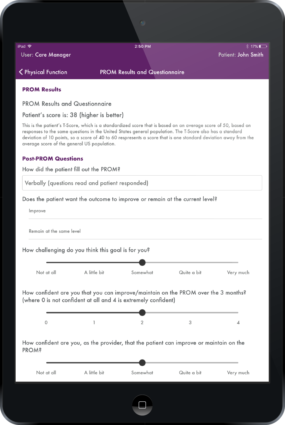 NCQA App screenshot of a caregiver records the top three goals for a patient for the next specified period of time