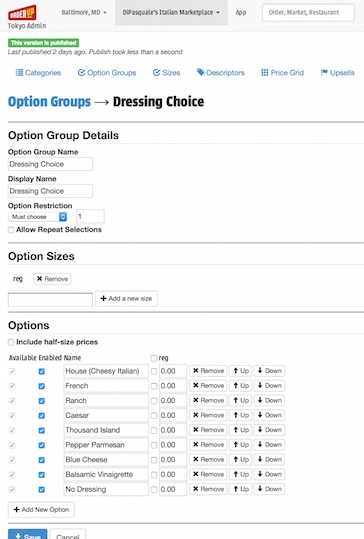 OrderUp Menu Builder's Option Group Edit Screen
